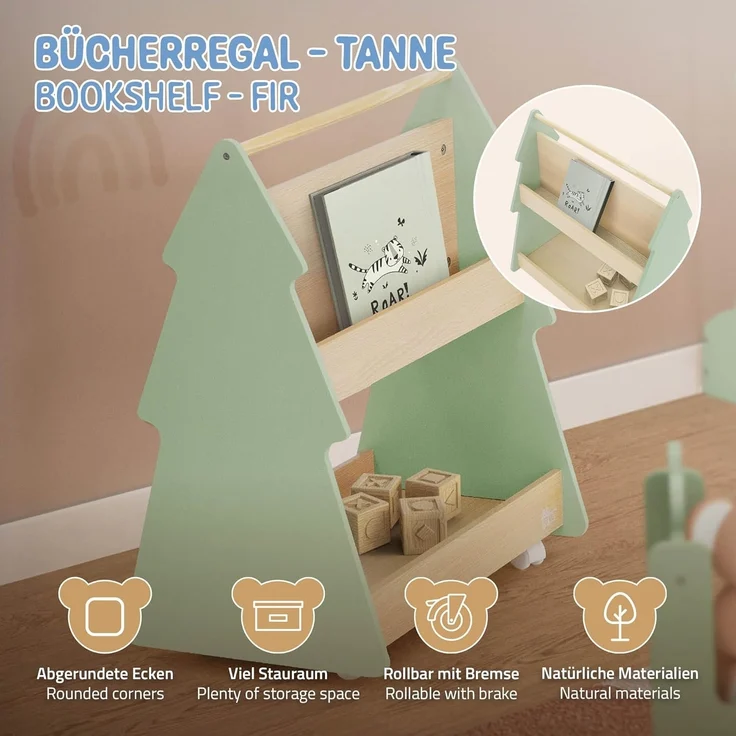 Joyz Spielzeugtruhe Kinderregal Kindermöbel Kinderzimmerregal Spielzeug Spielzimmer Möbel, Tanne Bücherregal mit 3 Ablagen & 4 Rollen MDF / Kiefer – Bild 4