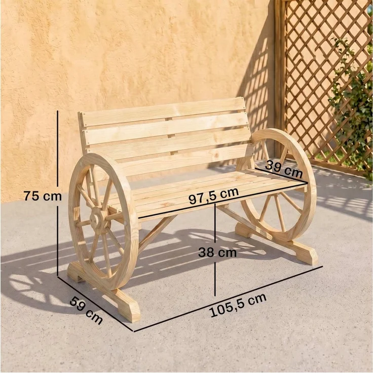 Outsunny Gartenbank 2-Sitzer Sitzbank Holzbank Wagenrad mit Armlehne Landhausstil Tannenholz Naturholz 105,5 x 56 x 79 cm – Bild 3