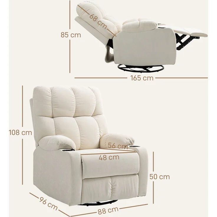 MELAYR, Relaxsessel mit Fußstütze, Liegesessel, drehbar, bis 150 kg, Stahlrahmen, 88x96x108cm, Beige – Bild 5