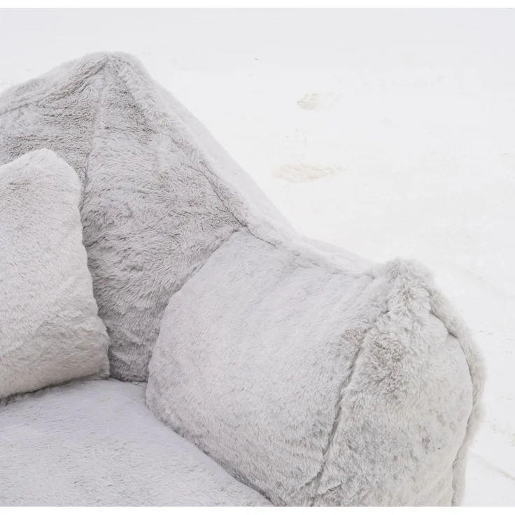 Großer Sitzsack-Sessel mit Kunstfellbezug und Kissen, weicher Loungesitz mit Schaumstoffflocken ohne Montage für Wohnzimmer, Grau – Bild 14