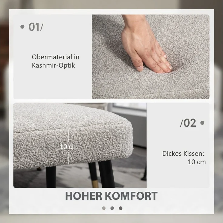 HOMCOM Fußhocker Schminkhocker Fußstütze mit Kaschmir-Optik (Hocker, 1 St, Sitzhocker), für Schlafzimmer, Stahlbeine, Hellgrau – Bild 3