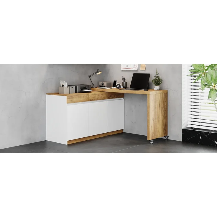 ZUBALIYA Schreibtisch mit feststellbaren Rollen – multifunktionales Design, 4 cm dickere, drehbare Tischplatte, fest arretierbar, weiß/Eiche, Faltbarer Schreibtisch, Eckschreibtisch, Sideboard,Dicke Materialie,Weiß Eiche – Bild 25