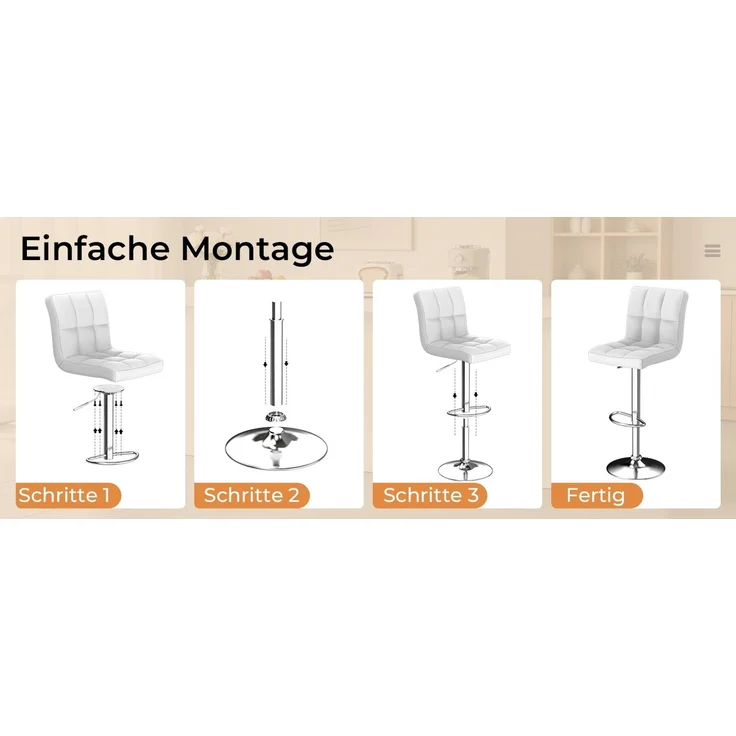 Botifly 2er Set Barhocker Weiß Kunstleder, Höhenverstellbar 60-80cm, 360° Drehbare Barstühle mit Fußstütze, Gepolsterte Theke Hocker für Küche & Bar, SGS Zertifiziert, 46 x 45 x 55 cm – Bild 8