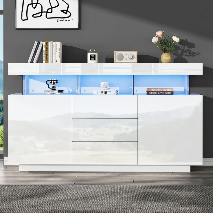 DESVIAE Sideboard mit 3 Schubladen und LED-Beleuchtung, 140x80x35 cm, Spanplatte und Acryl, Weiß – Bild 3