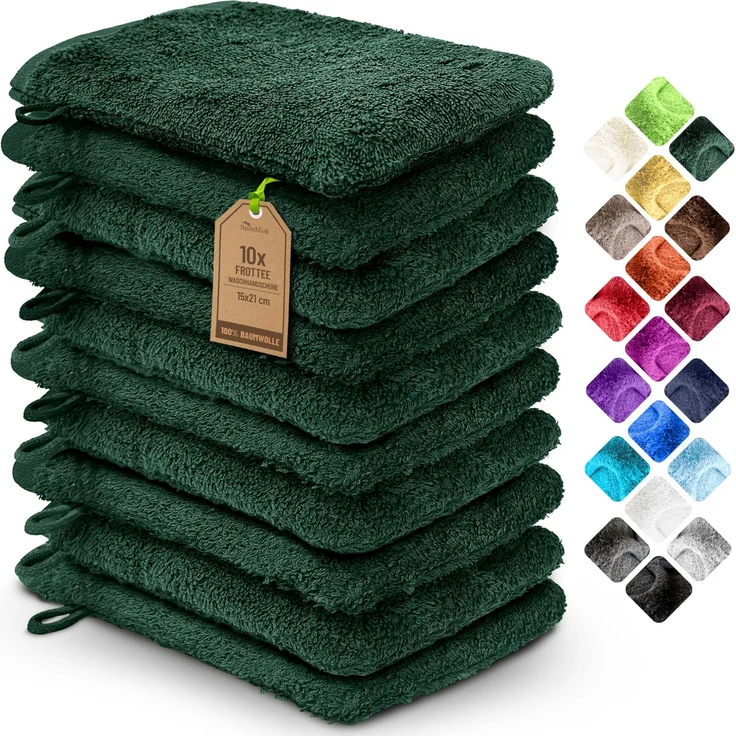 NatureMark 10x Waschhandschuhe aus Frottee 100% Baumwolle – Weich und Robust, Ideal für die tägliche Pflege und Gäste – Dunkel Grün, 15x21 cm