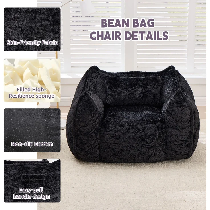 Riesiger Sitzsack mit Kissen, bequemer großer Sitzsack für Erwachsene und Kinder, Kunstfell-Bodensofa für Wohnzimmer, Schlafzimmer, Wohnung, Schwarz – 123 x 97 x 73 cm – YOUDENOVA – Bild 4