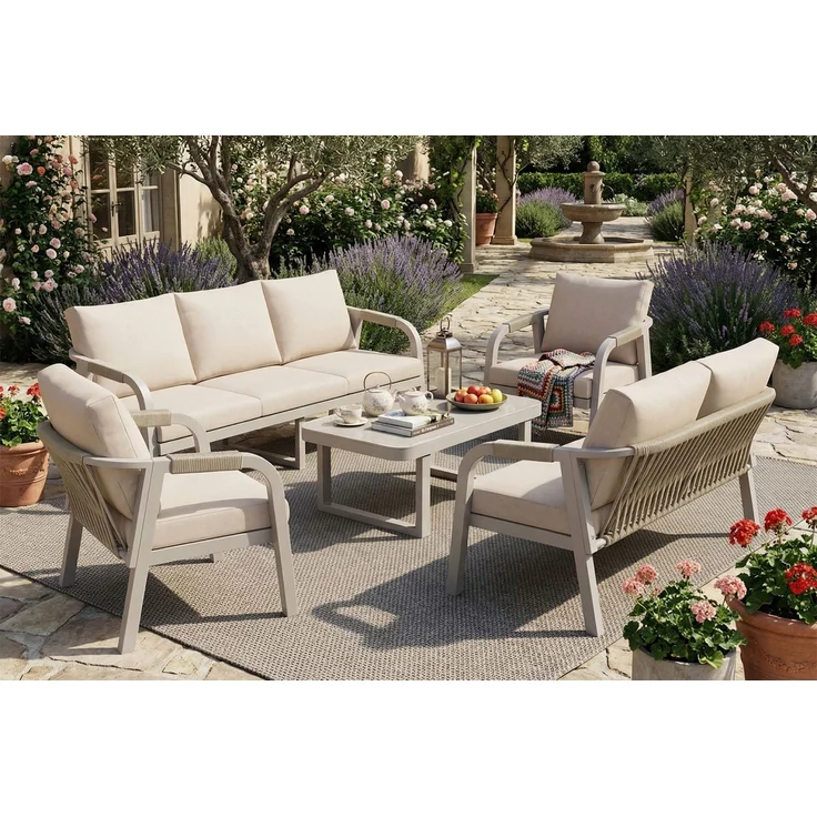 Merax Gartenmöbel-Set 5-tlg, Gartenlounge-Set mit 3-Sitzer-Sofa, 2-Sitzer-Sofa, 2 Sessel und 1 Couchtische, Terassenmöbelset 7 Sitzer, Beige – Bild 9