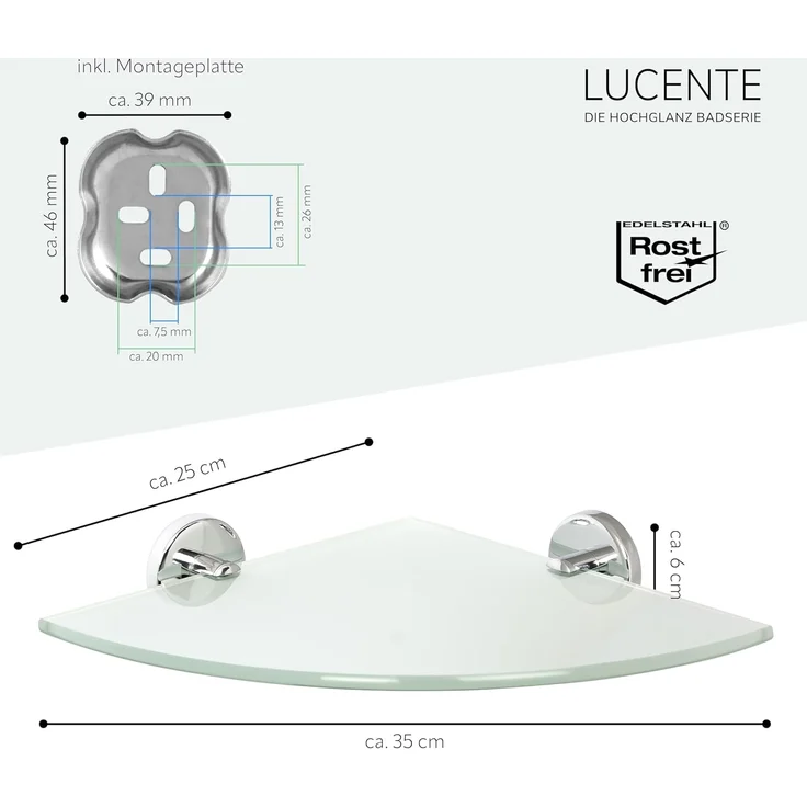 bremermann 'LUCENTE' Eckregal, Glas / Edelstahl, 35 x 25 x 6 cm – Bild 2