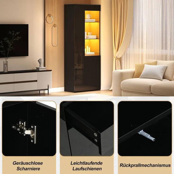 Vitrine 70 x 35 x 180 cm aus Spanplatte und gehärtetem Glas mit LED-Beleuchtung – Bild 8