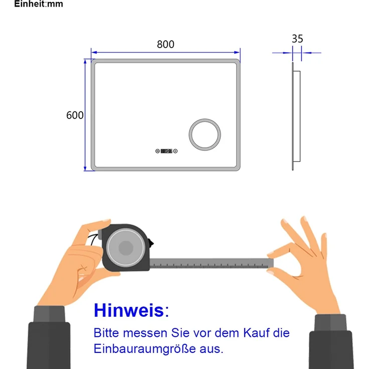 EMKE LED Badspiegel 80x60cm Uhr Beschlagfrei Kaltweißes Licht 3-fache Vergrößerung Touch – Bild 5