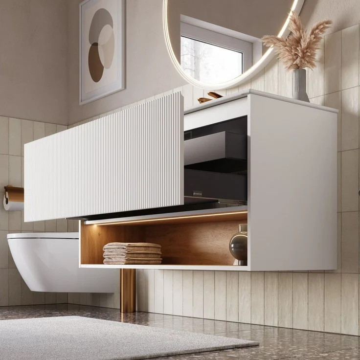 Bernstein Waschbeckenunterschrank BELDIVO 120cm Weiß matt Duravit LED (1 Hahnloch) Waschtischunterschrank mit Waschbecken 1 Schublade Innenschublade LED – Bild 3