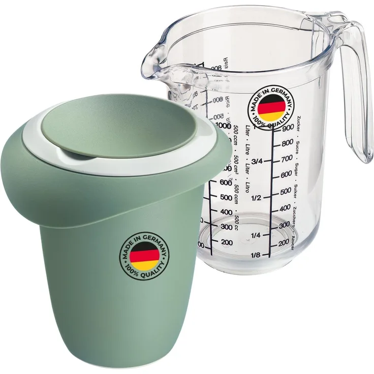 Westmark Quirltopf (1 l) und Messkanne Gerda (1 l) – Quirltopf mit Spritzschutz und Gummiring – Messkanne mit Skala und rutschfestem Standfuß – Mint-grün/Weiß