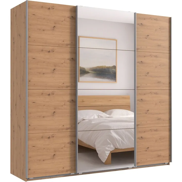 Schwebetürenschrank Kleiderschrank B225 cm extra H236 cm 3-türig Eiche Artisan Dekor, 1x Spiegeltür