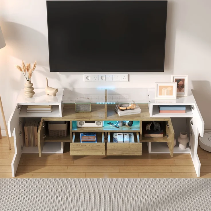 TV-Schrank 145 cm Hochglanzweiß und Holz mit LED-Beleuchtung, 6 Türen, 2 Schubladen, 3 offene Fächer – Bild 4