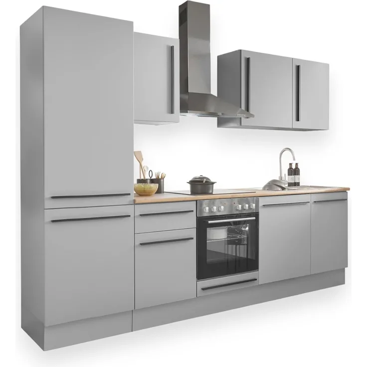 Denver Moderne Küchenzeile mit Elektrogeräten in Grau, Lancelot Eiche Optik - Geräumige Einbauküche mit viel Stauraum - 280 x 211 x 60 cm (B/H/T)