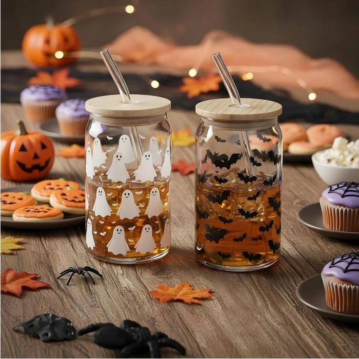 Levandeo® Glas, 2er Set Trinkglas 440ml Halloween Glas-Strohhalm Bambusdeckel – Bild 4