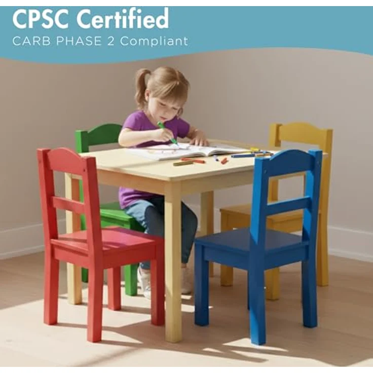Humble Crew bunter Holztisch für Kinder, Natur/Primärfarben! Mit 4 Stühlen, ideal für Kinderzimmer. Fröhlichen Spielspaß schaffen – Bild 6