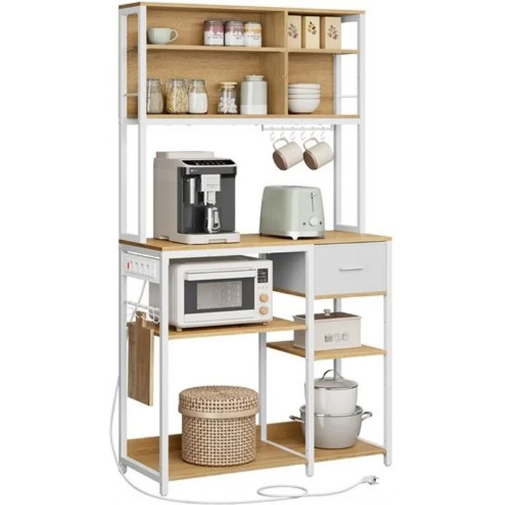 VASAGLE Küchenregal mit Steckdosen, Standregal, Mikrowellen-Regal, verstellbare Ablagen, Stoffschublade, 12 Haken, 40 x 100 x 180,4 cm, für Mikrowellen, Küche – Bild 1