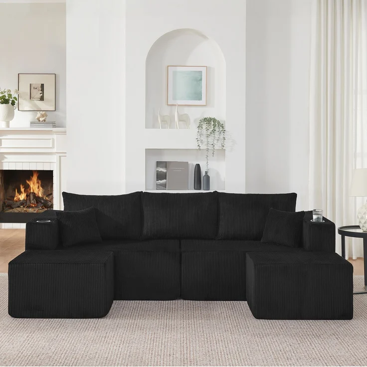 3-Sitzer Ecksofa aus Cordstoff mit beweglichen Ottomanen, Getränkehaltern und Seitentaschen, 230×138×75 cm, Schwarz – Bild 3