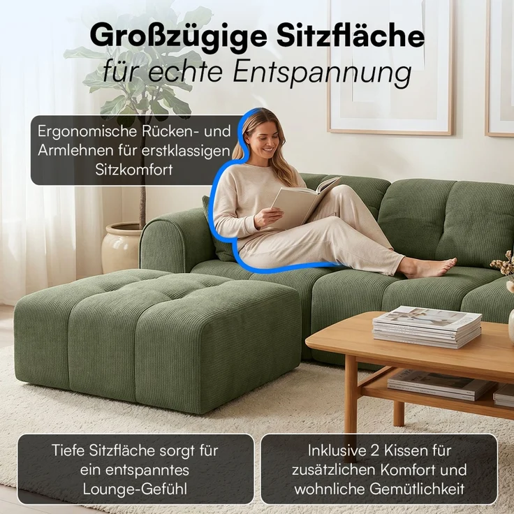 skølm 'Vanaheim' Sofa 3 Sitzer mit Hocker & 2 Kissen, Cloud Sofa dunkelgrün, Chenille-Stoff, Vollschaumcouch mit Federkern und Vakuum-Kompression, kein Aufbau erforderlich – Bild 7