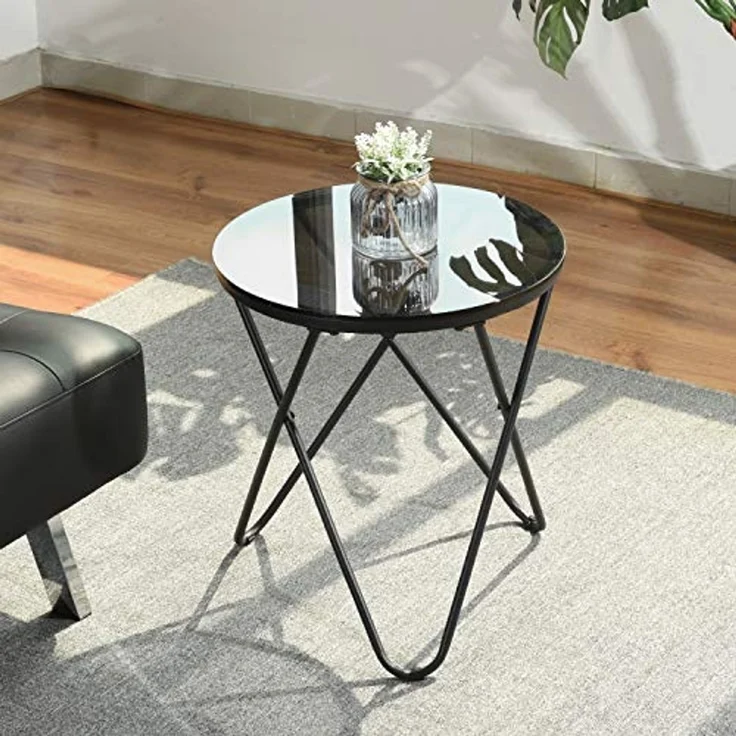 39F FURNITURE DREAM Couchtisch, rund, aus Metall und Hartglas, skandinavischer Nachttisch, für Wohnzimmer, Grau, Glas, 45x45x50cm – Bild 7