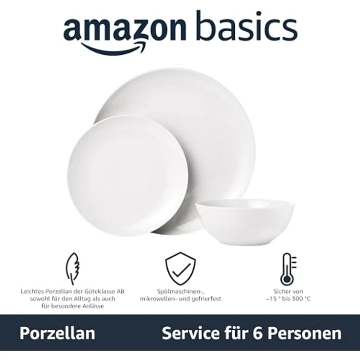 AmazonBasics Geschirrservice, 18-teilig, Weißes Porzellan Coupe, für 6 Personen – Bild 3