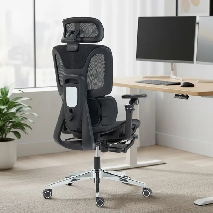 Ergonomischer Bürostuhl mit Netzbezug, 6D-Armlehnen und Fußstütze, 71x67x133 cm, Schwarz