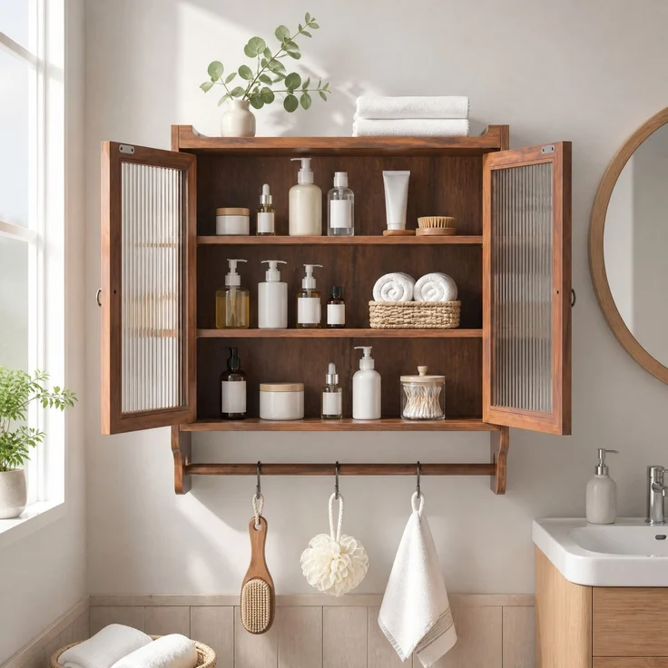 DESVIAE Vitrine zur Wandmontage mit Glastüren, 63x60x18 cm, Massivholz, MDF und Glas, Braun – Bild 2
