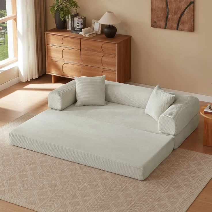 Schlafsofa in Beige mit Veloursbezug, Kaltschaum und modularer Funktion für 1 Person,59 x 195 x 89 cm – Bild 4