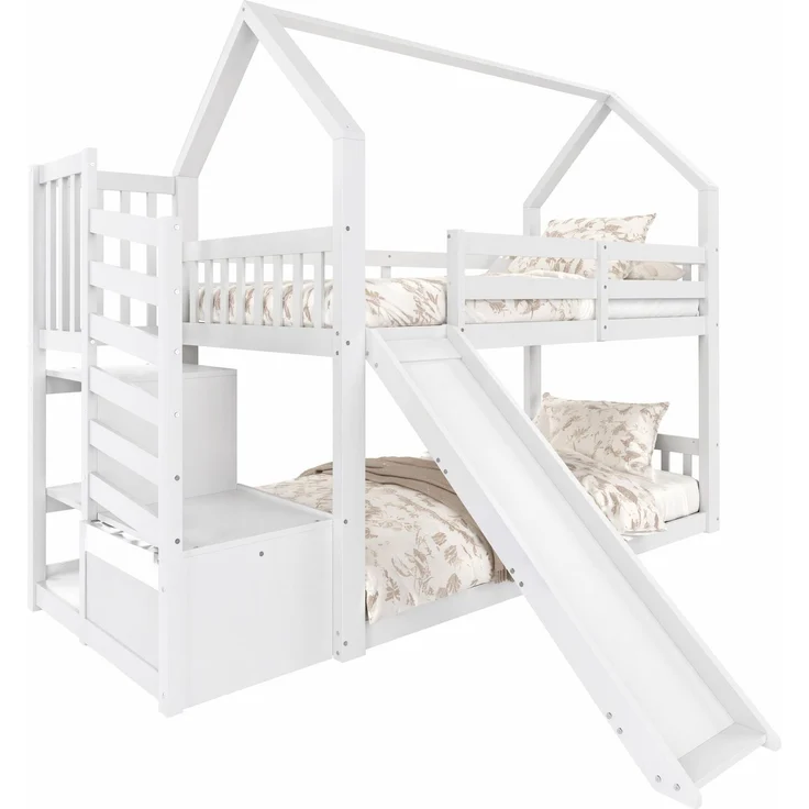 CHICFURN Etagenbett aus Kiefernholz und MDF Weiß 90x200 cm mit Stauraumtreppe und Rutsche – Bild 6