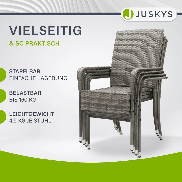 Juskys Polyrattan Gartenstühle Yoro 4er Set - mit Armlehnen & Rückenlehne - 4 Stühle stapelbar - Rattan Stuhl Garten - Stapelstuhl Grau-meliert – Bild 7