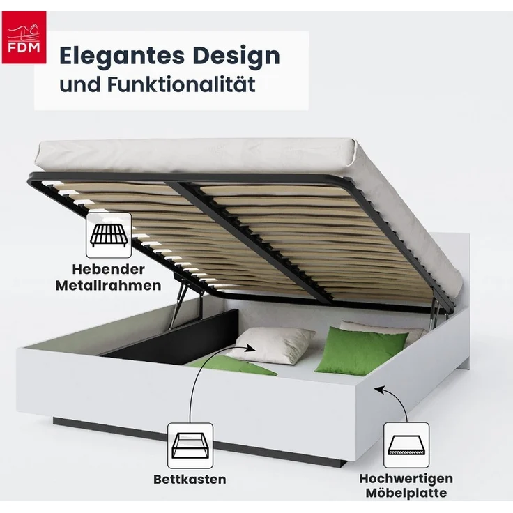 FDM Stauraumbett Bett Stauraumbett PERU Bettgestell 90x200, 140x200 & weitere Größen (verfügbar 90x200 120x200 140x200 160x200 180x200cm, Bettrahmen, Bett, mit großen Kopfteil, mit Bettkasten zum aufklappen), mit/ohne Matratze – Bild 2