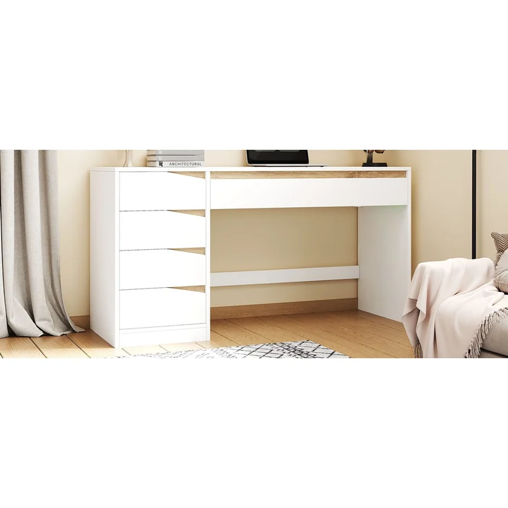 ZUBALIYA Schreibtisch 140x50 cm mit 5 Schubladen, Weiß/Eiche-Optik, Moderner Computertisch mit extra großer Arbeitsfläche, Schminktisch mit Stauraum, Bürotisch für Homeoffice, Schlafzimmer und Arbeitszimmer – Bild 20