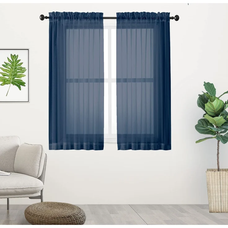 Chyhomenyc Durchsichtige Voile-Vorhänge, 114,3 cm lang, Kurze Badezimmer-Fenstervorhänge für kleines Fenster/Wohnzimmer/Gästezimmer/Keller, luftige Lichtfiltervorhänge, 106x114 cm, Marineblau, 2