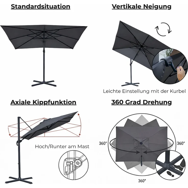 osoltus Ampelschirm KOS Alu-Vario Max 360 x 250cm axial schwenkbar Grau – Bild 4