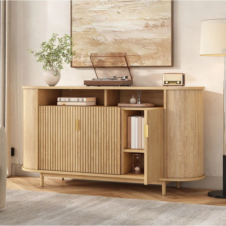 DESVIAE Sideboard Natur aus MDF/Spanplatte – 140x78x40 cm – 3 Türen, Kiefernholzfüße – Bild 1