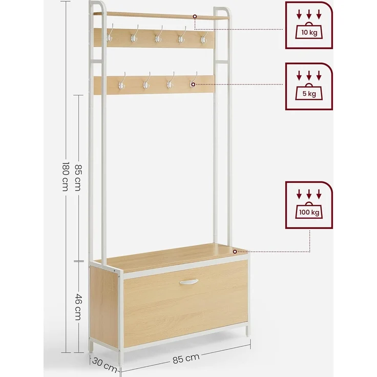 Vasagle Garderobenständer mit Schuhschrank, Garderobe mit Sitzbank, Kleiderständer, Schuhkipper, 9 Haken, obere Ablage, für Flur, Schlafzimmer, modernes Design, eichenfarben-weiß von Songmics RSH405W09 – Bild 3