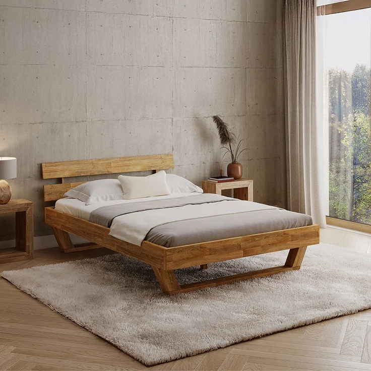 skølm 'Nornir' Bett 140x200 cm, Bettgestell, natur geölt, Massivholzbett aus Eiche mit Holzkufen, Doppelbett mit Streben Bettkopf – Bild 1