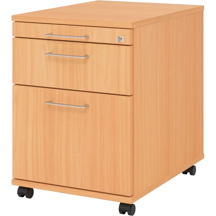bümö Rollcontainer mit Hängeregistratur, Container abschließbar aus Holz in Buche - Rollwagen für's Büro mit Hängeregister als Schreibtisch Unterschrank od. Bürocontainer m. Bügelgriffe, AC20-6-6-BS