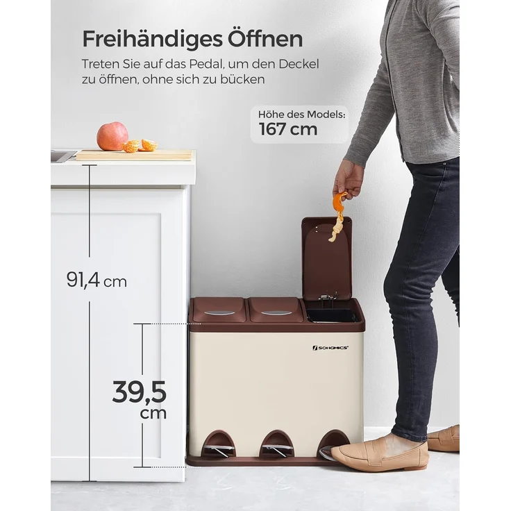 Songmics Mülleimer, Mülltrennsystem, aus Metall, 24 L, Küche – Bild 2