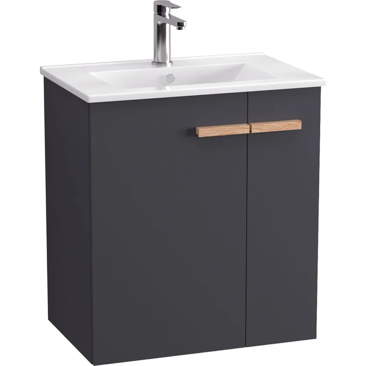 BADEDU HIERA Waschbecken mit Unterschrank 60 cm breit, Anthrazit, Waschbecken Keramik Weiß
