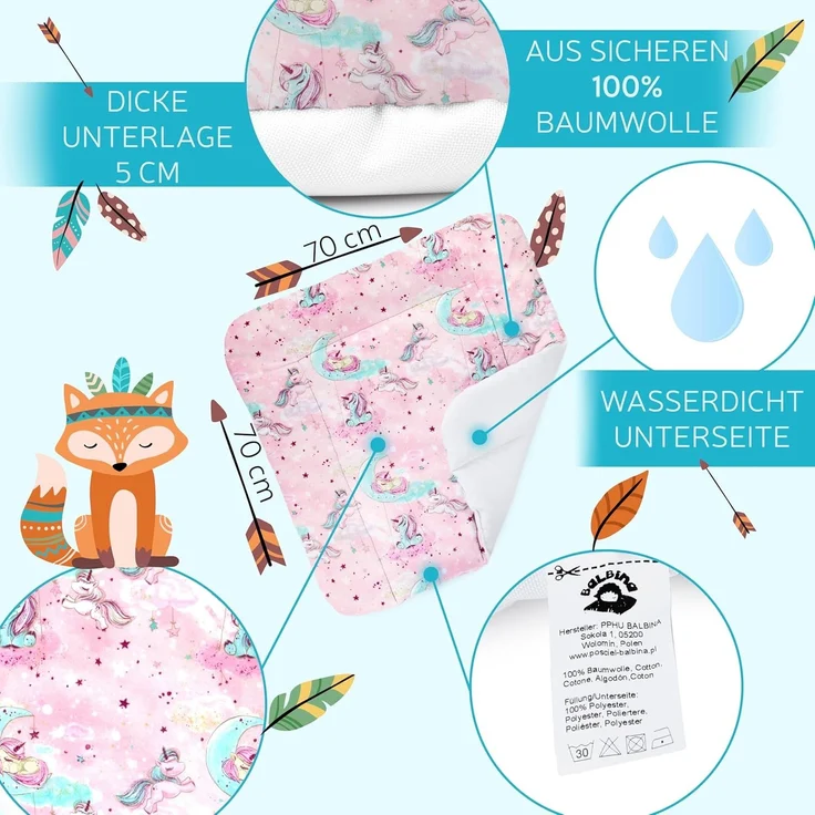 Balbina® Wickelunterlage Wickeltischauflage Wickelauflage baumwolle 70x70 I Pink Einhorn – Bild 3
