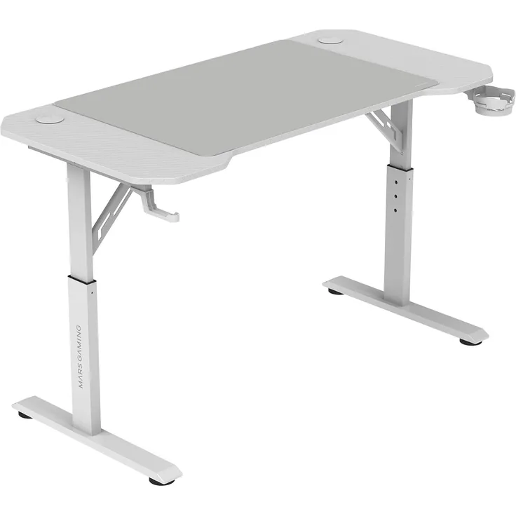 MARSGAMING MGD-ERGO120, Höhenverstellbarer Gaming-Tisch 3 Positionen, Ergonomische Oberfläche, Metallstruktur, XXL-Mauspad, Headset- und Getränkehalter, Kabelmanagement, Gaming Desk 120x60 cm, Weiß