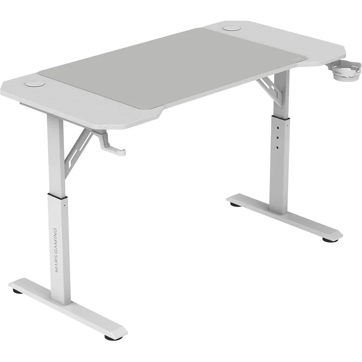 MARSGAMING MGD-ERGO120, Höhenverstellbarer Gaming-Tisch 3 Positionen, Ergonomische Oberfläche, Metallstruktur, XXL-Mauspad, Headset- und Getränkehalter, Kabelmanagement, Gaming Desk 120x60 cm, Weiß