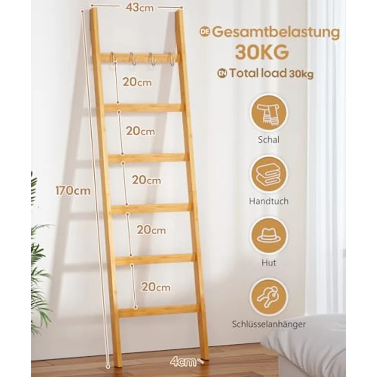 Yorbay Handtuchleiter Handtuchhalter Bambus, 6 Ebenen Leiterregal, 4 Haken und 2 Sicherheitsgurten, 43x170 cm, für Bad, Wohnzimmer – Bild 3