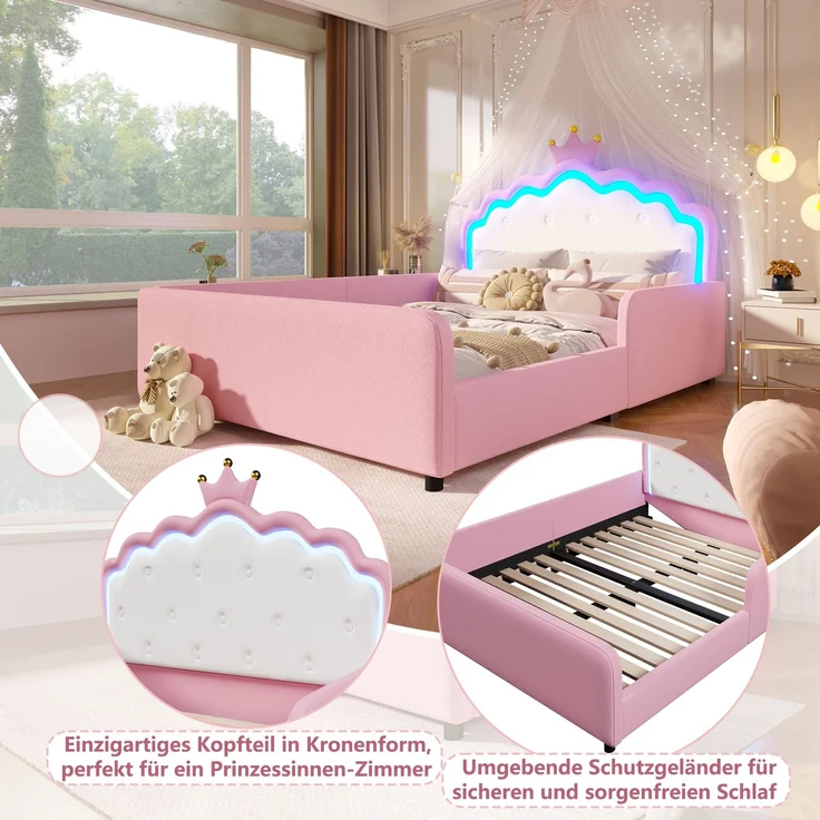Polsterbett, 140x190 cm, Ohne Matratze, Mit LED-Lichtleiste, Prinzessinnenbett in Kronenform, Sicherheitsgitter, PU, Rosa – Bild 5