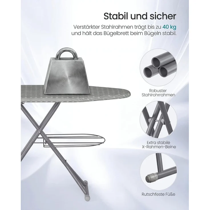 SONGMICS Bügelbrett mit Steckdose, für Dampfbügeleisen, Höhenverstellbar, Klappbar, 152 x 48 x 72-92 cm, Grau und Silber – Bild 5