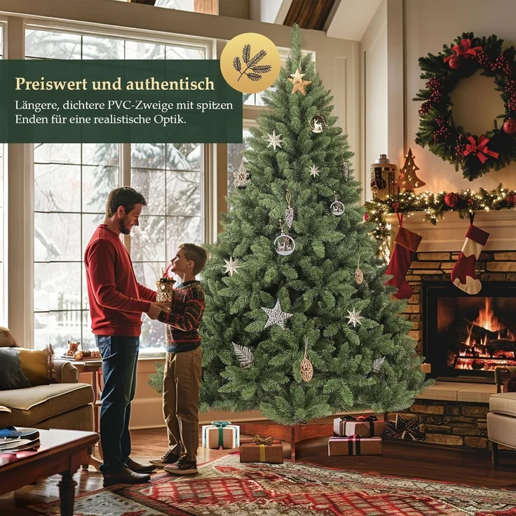 Salcar Künstlicher Weihnachtsbaum Tannenbaum Künstlich Weihnachtsbaum mit Holzständer, Nordmanntanne, 180cm mit 730 PVC-Nadeln – Bild 4