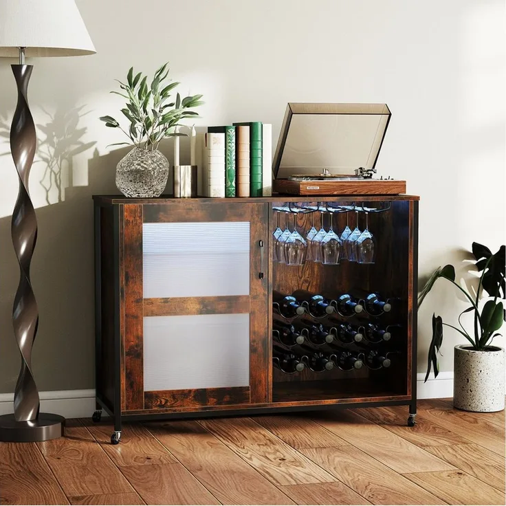 KOMFOTTEU Weinschrank Barschrank mit Beleuchtung, Rollen, Weinregal & Glashalter
