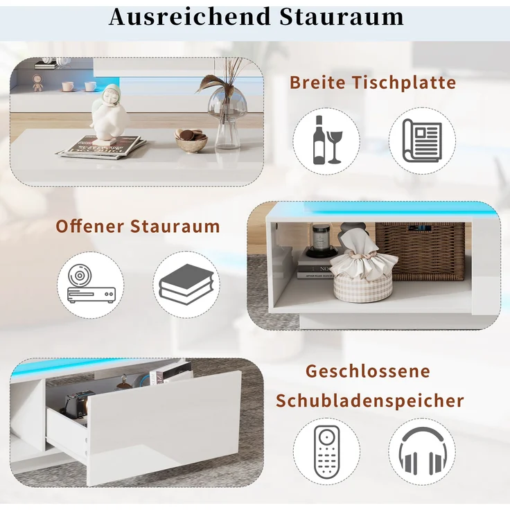 Couchtisch 100x50x40,3 cm mit LED-Beleuchtung und Schublade in Hochglanz-Weiß – Bild 6